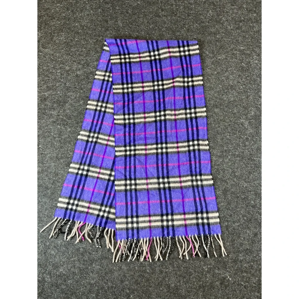 Burberry London Cashmere Scarf Womens Purple Plaid Fringed Neck Wrap Cozy Preppy
